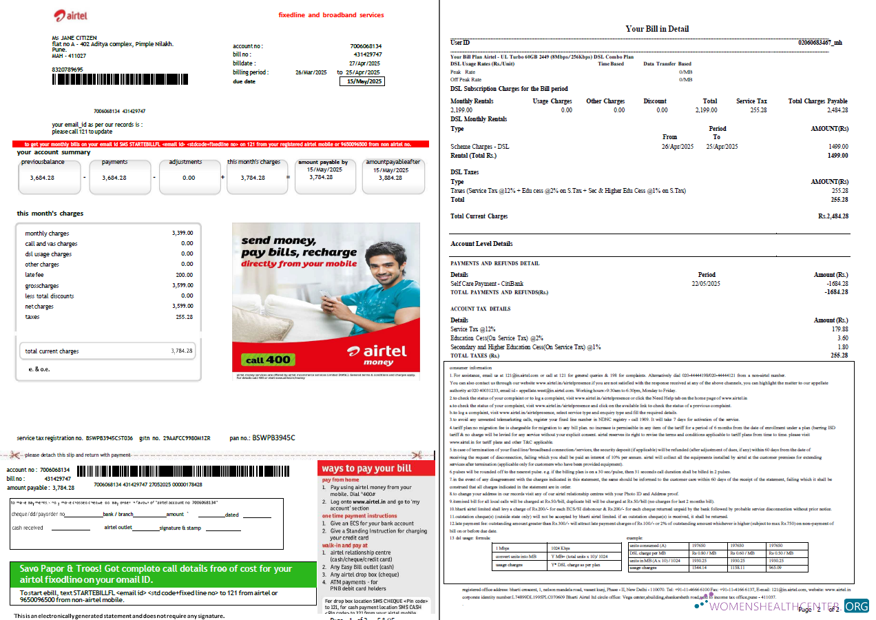download India airtel utility bill template in Word and PDF formats, 2 pages, version 2 PDF template